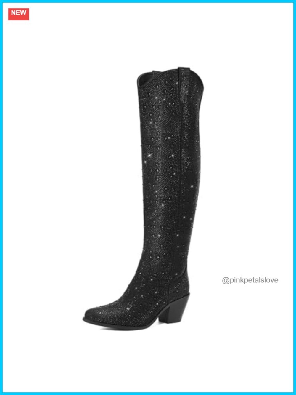 Rhinestone Cowboy Boots Over the Knee Pointed Toe Block Heel Pull On